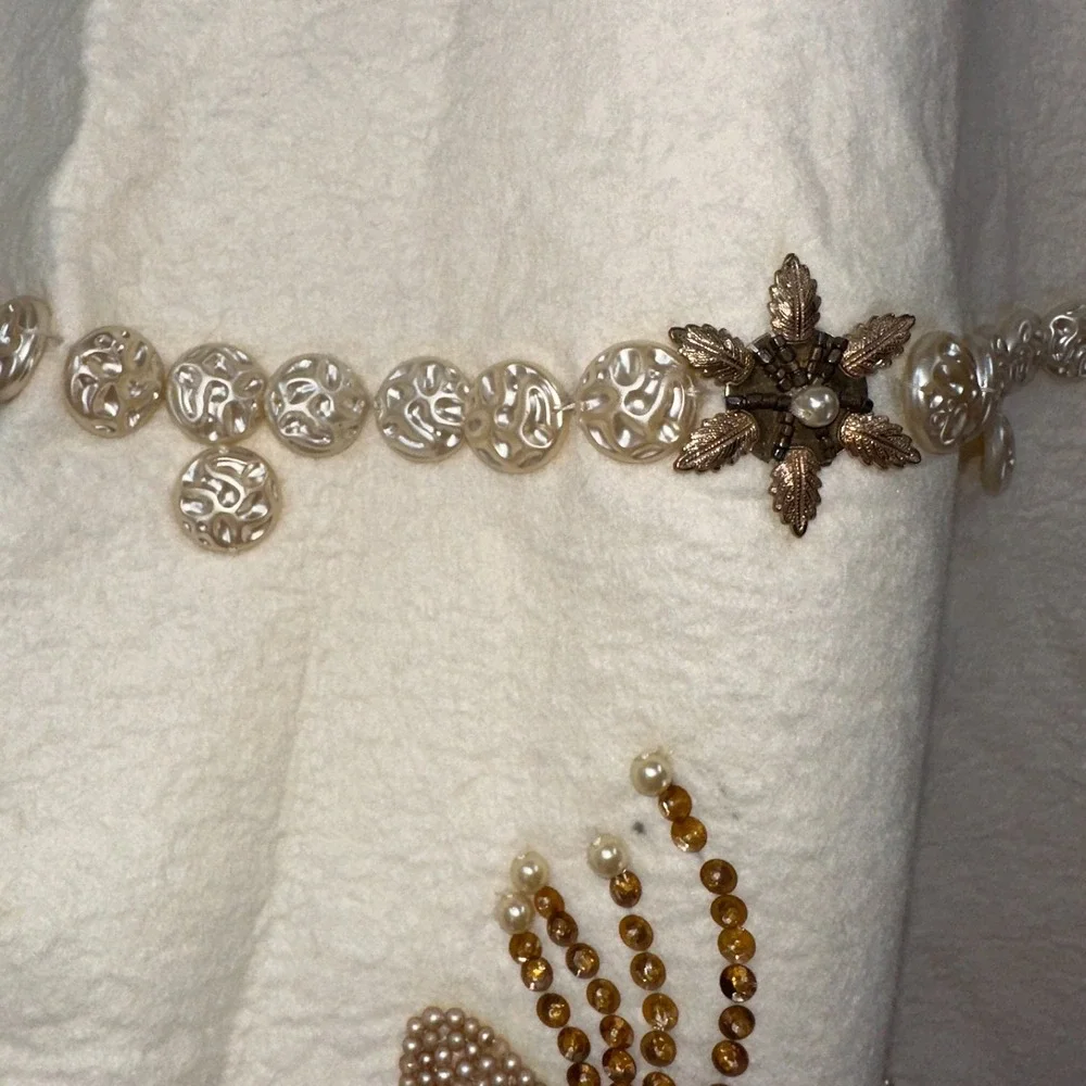 STUNNING Heavy Gold Beaded Table Ivory Large Tablecloth Topper Thick Felt Fabric